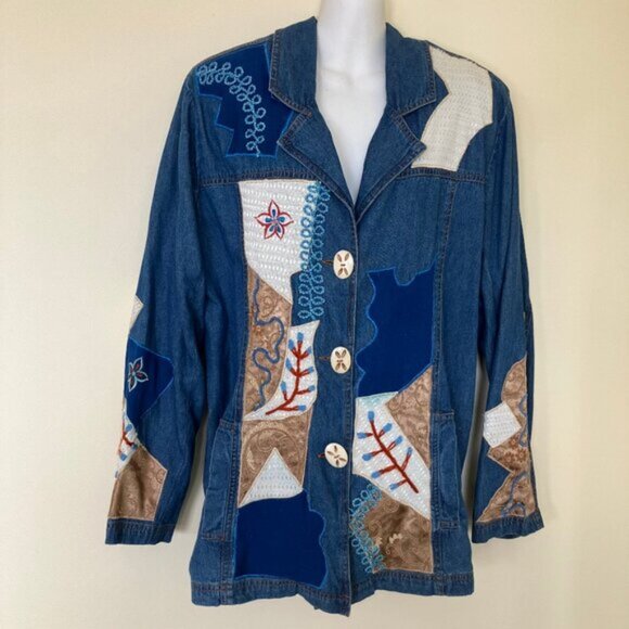 Allure Denim Chambray Patchwork Blazer Jacket Vintage Embellished Top - Picture 8 of 9